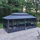 PURPLE LEAF Sunroom Hardtop Gazebo Solarium Grey Galvanized Steel Double Roof All-Weather Aluminum Outdoor Screen House with String Lights