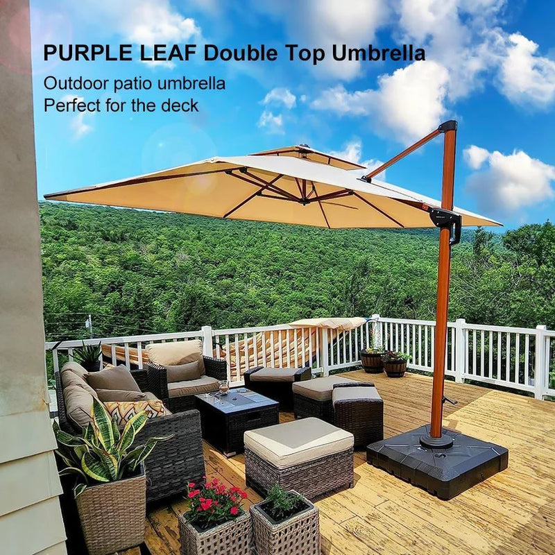 PURPLE LEAF Double Top Rectangle Aluminum Umbrellas in Wood Color