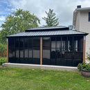 PURPLE LEAF Sunroom Hardtop Gazebo with Wood Grain Columns Black Frame Double Roof Galvanized Steel Solarium All-Weather Screen House with String Lights