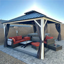 PURPLE LEAF Modern Gazebo Grey Hardtop Galvanized Steel Double Roof White Aluminum Poles with Curtains and Netting