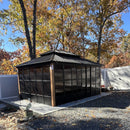 PURPLE LEAF Sunroom Hardtop Gazebo with Wood Grain Columns Black Frame Double Roof Galvanized Steel Solarium All-Weather Screen House with String Lights