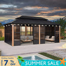 PURPLE LEAF Sunroom Hardtop Gazebo with Wood Grain Columns Black Frame Double Roof Galvanized Steel Solarium All-Weather Screen House with String Lights