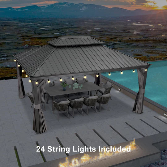 PURPLE LEAF Patio Gazebo for Backyard Grey Hardtop Galvanized Steel Roof Awning with String Lights-clear