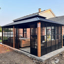 PURPLE LEAF Sunroom Hardtop Gazebo with Wood Grain Columns Black Frame Double Roof Galvanized Steel Solarium All-Weather Screen House with String Lights