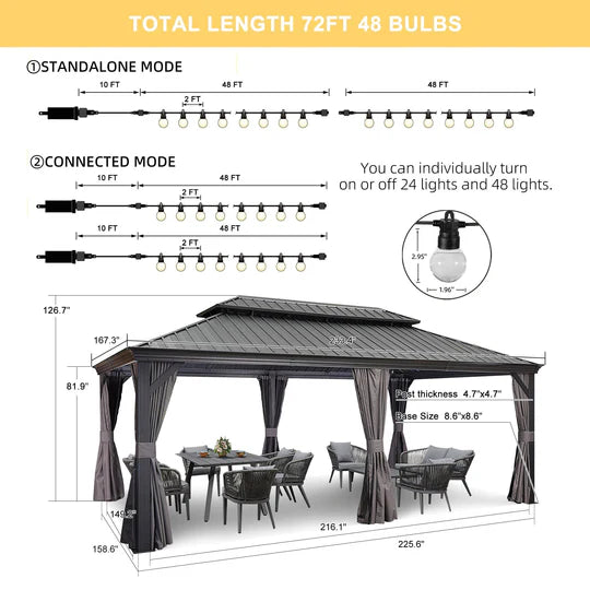 PURPLE LEAF Patio Gazebo for Backyard Grey Hardtop Galvanized Steel Roof Awning with String Lights-clear
