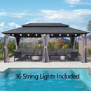 PURPLE LEAF Grey Hardtop Gazebo with Heavy Duty Galvanized Steel Double Roof with String Lights-clear