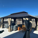 PURPLE LEAF Outdoor Hardtop Gazebo Bronze Metal Frame Galvanized Steel Double Roof with Curtains and Netting for Patio Desk Backyard