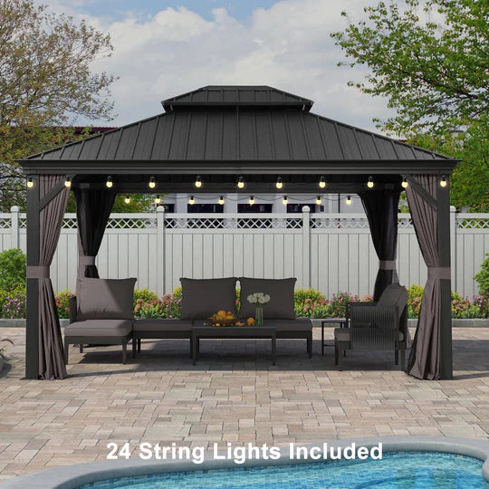 PURPLE LEAF Patio Gazebo for Backyard Grey Hardtop Galvanized Steel Roof Awning with String Lights-clear
