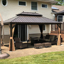 PURPLE LEAF Outdoor Hardtop Gazebo for Garden Bronze Double Roof Aluminum Frame Pavilion with String Lights-milky