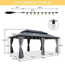 PURPLE LEAF Grey Hardtop Gazebo with Heavy Duty Galvanized Steel Double Roof with String Lights-clear
