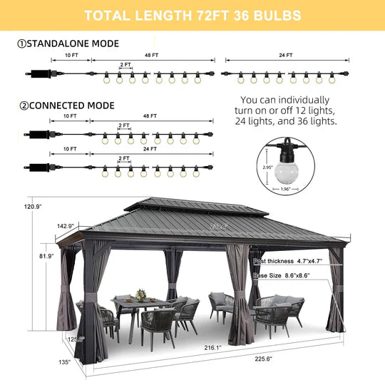 PURPLE LEAF Patio Gazebo for Backyard Grey Hardtop Galvanized Steel Roof Awning with String Lights-clear