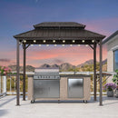 PURPLE LEAF Hardtop Grill Gazebo for Patio Bronze&Grey Permanent Metal Roof Outside Sun Shade Outdoor BBQ Canopy with String Lights