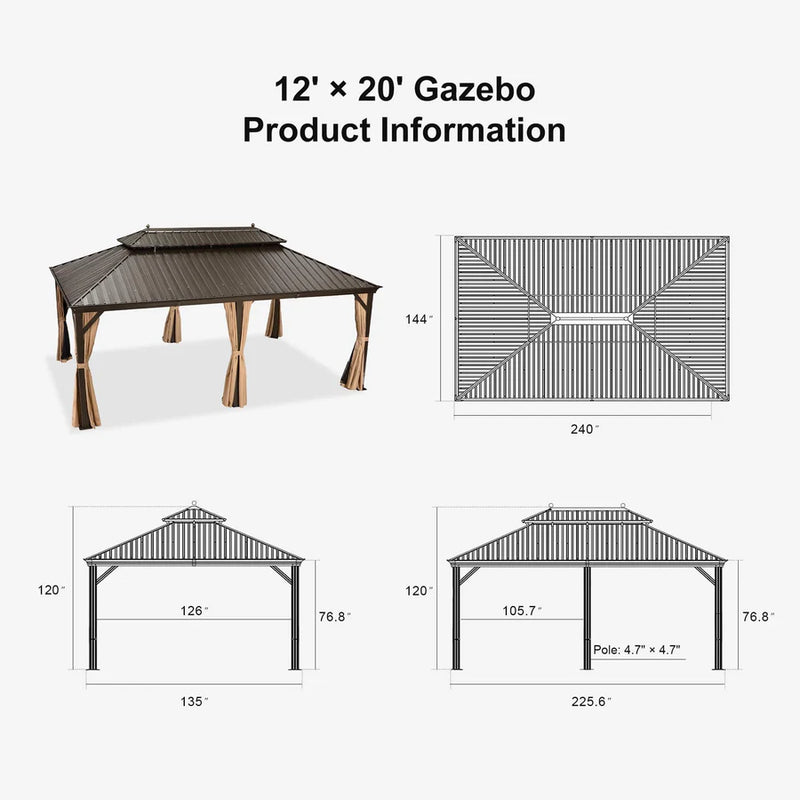 PURPLE LEAF Outdoor Hardtop Gazebo for Garden Bronze Double Roof Aluminum Frame Pavilion with String Lights-milky