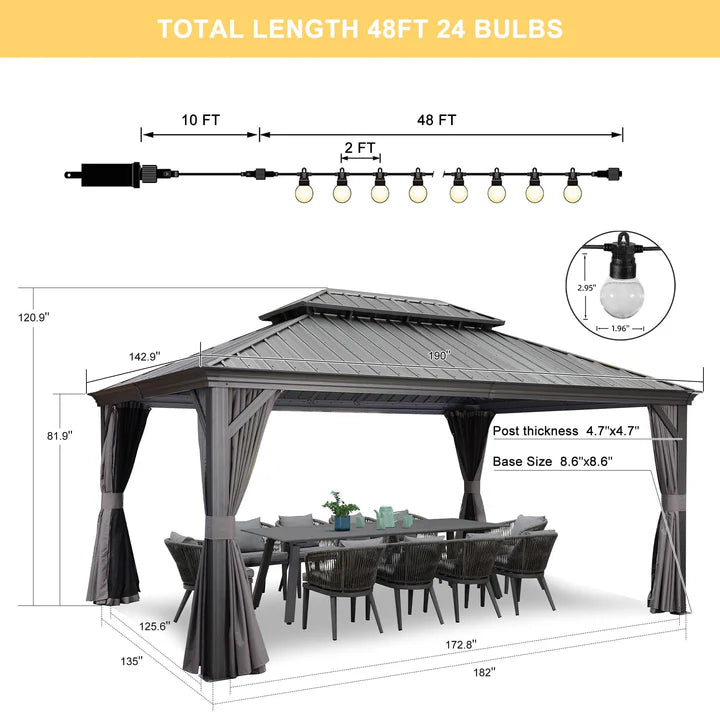 PURPLE LEAF Patio Gazebo for Backyard Grey Hardtop Galvanized Steel Roof Awning with String Lights-clear