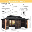 PURPLE LEAF Sunroom Hardtop Gazebo with Wood Grain Columns Black Frame Double Roof Galvanized Steel Solarium All-Weather Screen House with String Lights