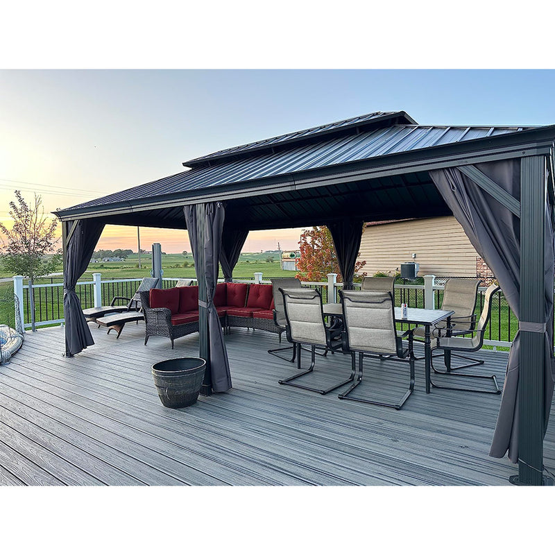 PURPLE LEAF Patio Gazebo for Backyard Grey Hardtop Galvanized Steel Roof Awning with Upgrade Curtain