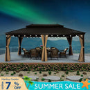 PURPLE LEAF Outdoor Hardtop Gazebo for Garden Bronze Double Roof Aluminum Frame Pavilion with String Lights-milky
