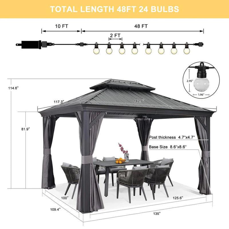 PURPLE LEAF Patio Gazebo for Backyard Grey Hardtop Galvanized Steel Roof Awning with String Lights-clear