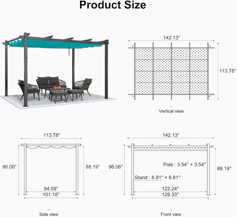 PURPLE LEAF Outdoor Retractable Pergola Patio Shelter for Garden Porch Beach Pavilion Grill Gazebo with Lights