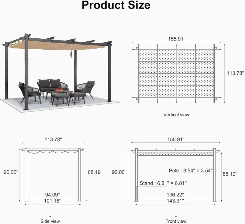 PURPLE LEAF Outdoor Retractable Pergola Patio Shelter for Garden Porch Beach Pavilion Grill Gazebo with Lights
