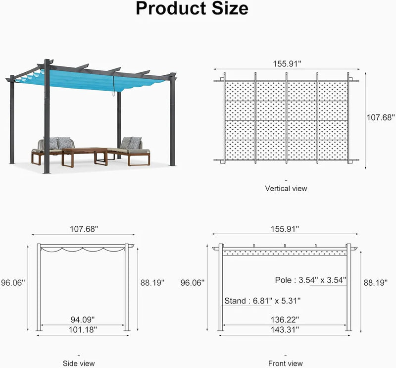 PURPLE LEAF Outdoor Retractable Pergola Patio Shelter for Garden Porch Beach Pavilion Grill Gazebo with Lights