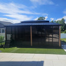 PURPLE LEAF Sunroom Hardtop Gazebo with Wood Grain Columns Black Frame Double Roof Galvanized Steel Solarium All-Weather Screen House with String Lights