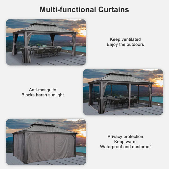 PURPLE LEAF Patio Gazebo for Backyard Grey Hardtop Galvanized Steel Roof Awning with String Lights-clear