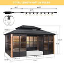 PURPLE LEAF Sunroom Hardtop Gazebo with Wood Grain Columns Black Frame Double Roof Galvanized Steel Solarium All-Weather Screen House with String Lights