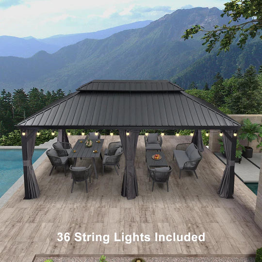 PURPLE LEAF Patio Gazebo for Backyard Grey Hardtop Galvanized Steel Roof Awning with String Lights-clear