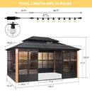 PURPLE LEAF Sunroom Hardtop Gazebo with Wood Grain Columns Black Frame Double Roof Galvanized Steel Solarium All-Weather Screen House with String Lights