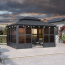 PURPLE LEAF Sunroom Hardtop Gazebo Solarium Grey Galvanized Steel Double Roof All-Weather Aluminum Outdoor Screen House with String Lights