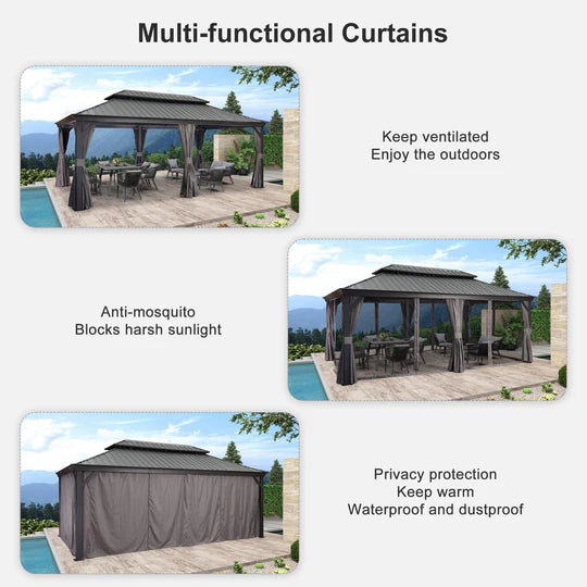 PURPLE LEAF Patio Gazebo for Backyard Grey Hardtop Galvanized Steel Roof Awning with String Lights-clear
