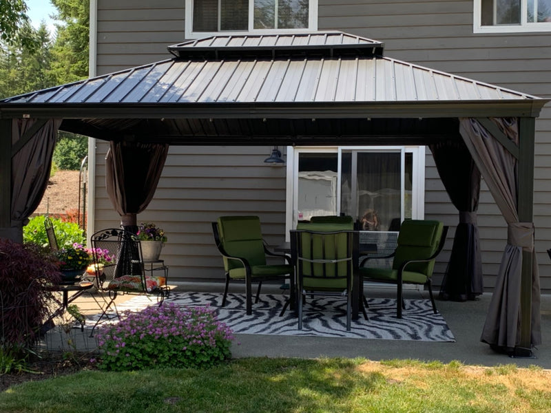 PURPLE LEAF Patio Gazebo for Backyard Grey Hardtop Galvanized Steel Roof Awning with Upgrade Curtain