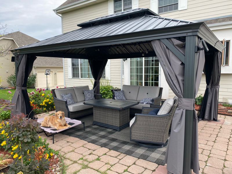 PURPLE LEAF Patio Gazebo for Backyard Grey Hardtop Galvanized Steel Roof Awning with Upgrade Curtain