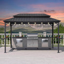 PURPLE LEAF Hardtop Grill Gazebo for Patio Bronze&Grey Permanent Metal Roof Outside Sun Shade Outdoor BBQ Canopy with String Lights