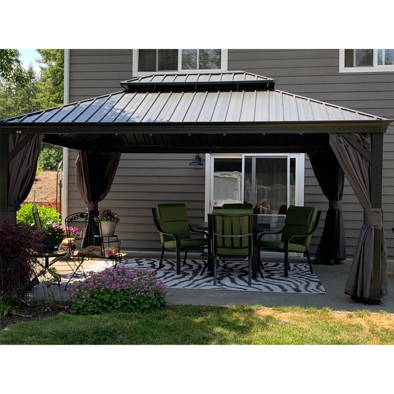 PURPLE LEAF Patio Gazebo for Backyard Grey Hardtop Galvanized Steel Roof Awning with Upgrade Curtain