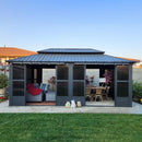 PURPLE LEAF Sunroom Hardtop Gazebo Solarium Grey Galvanized Steel Double Roof All-Weather Aluminum Outdoor Screen House with String Lights