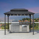 PURPLE LEAF Hardtop Grill Gazebo for Patio Bronze&Grey Permanent Metal Roof Outside Sun Shade Outdoor BBQ Canopy with String Lights