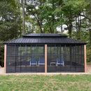 PURPLE LEAF Sunroom Hardtop Gazebo with Wood Grain Columns Black Frame Double Roof Galvanized Steel Solarium All-Weather Screen House with String Lights