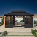 PURPLE LEAF Sunroom Hardtop Gazebo with Wood Grain Columns Black Frame Double Roof Galvanized Steel Solarium All-Weather Screen House with String Lights