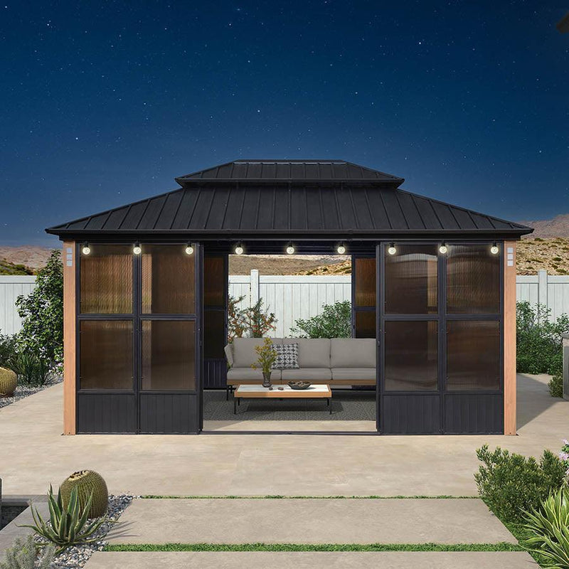 PURPLE LEAF Sunroom Hardtop Gazebo with Wood Grain Columns Black Frame ...