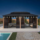 PURPLE LEAF Sunroom Hardtop Gazebo with Wood Grain Columns Black Frame Double Roof Galvanized Steel Solarium All-Weather Screen House with String Lights