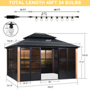 PURPLE LEAF Sunroom Hardtop Gazebo with Wood Grain Columns Black Frame Double Roof Galvanized Steel Solarium All-Weather Screen House with String Lights