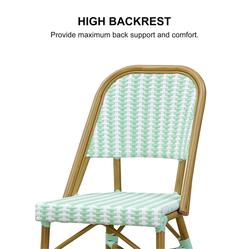 PURPLE LEAF French Outdoor Counter Bar Stool Set of 2 Wicker Bamboo Print Finish with Back Rattan Dining Chairs Armchair for Garden Kitchen Backyard Porch Patio Chairs Light, Green