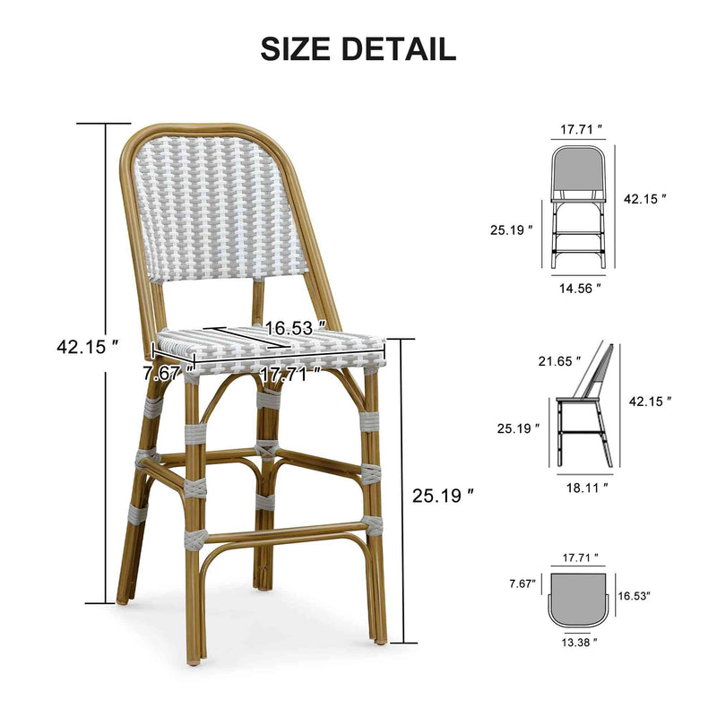 PURPLE LEAF French Outdoor Counter Bar Stool Set of 2 Wicker Bamboo Print Finish with Back Rattan Dining Chairs Armchair for Garden Kitchen Backyard Porch Patio Chairs, Grey