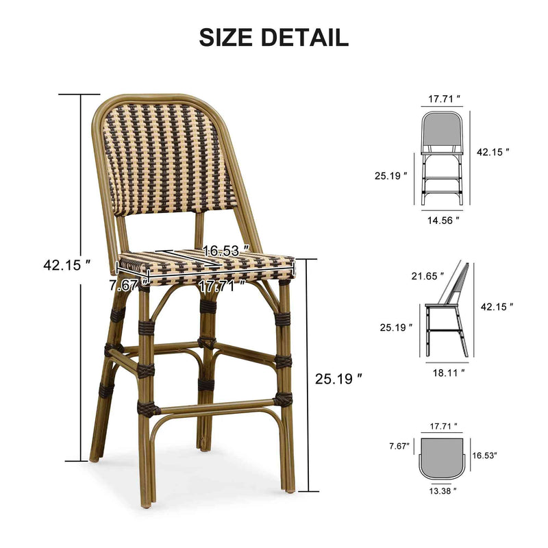 PURPLE LEAF French Outdoor Counter Bar Stool Set of 2 Wicker Bamboo Print Finish with Back Rattan Dining Chairs Armchair for Garden Kitchen Backyard Porch Patio Chairs, Brown