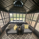 PURPLE LEAF Sunroom Hardtop Gazebo with Wood Grain Columns Black Frame Double Roof Galvanized Steel Solarium All-Weather Screen House with String Lights