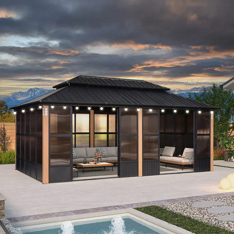 PURPLE LEAF Sunroom Hardtop Gazebo with Wood Grain Columns Black Frame ...