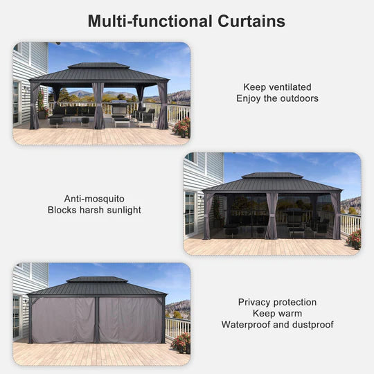PURPLE LEAF Patio Gazebo for Backyard Grey Hardtop Galvanized Steel Roof Awning with String Lights-clear