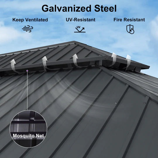 PURPLE LEAF Patio Gazebo for Backyard Grey Hardtop Galvanized Steel Roof Awning String Lights-milky